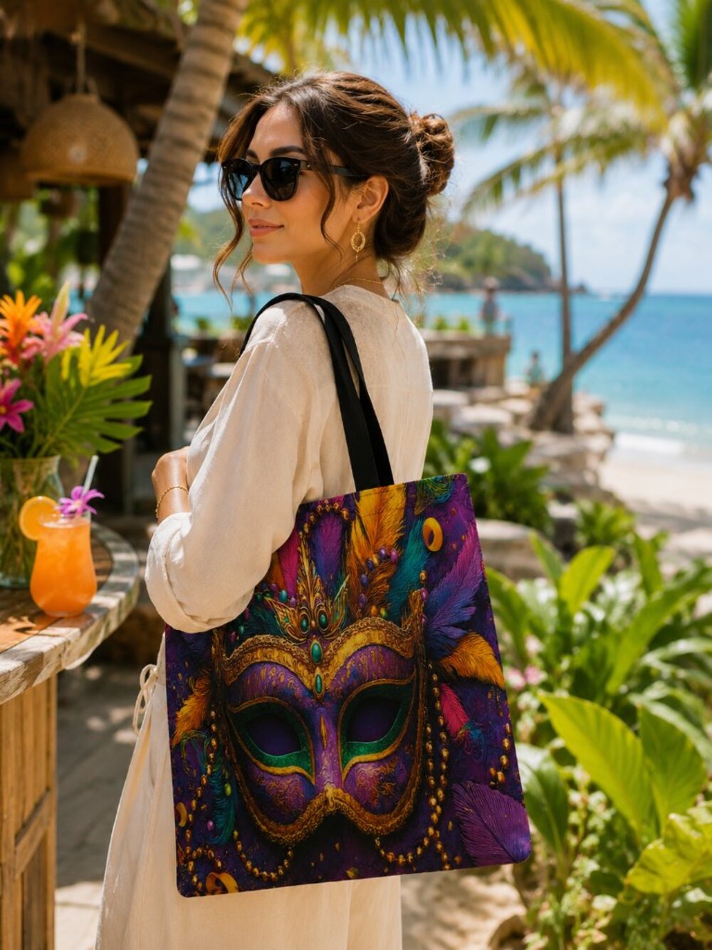 Mardi Gras Mask Art Tote Bag 14x16 Colorful Statement Resort Carryall NIB - Picture 11 of 11